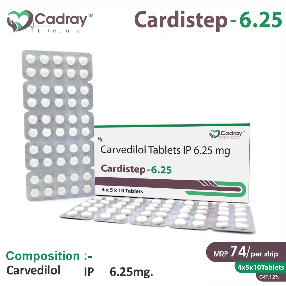 Cardistep 6.25 Tablet with Carvedilol 6.25mg for hypertension & heart failure management. WHO GMP certified, available for PCD pharma franchise at the best price.